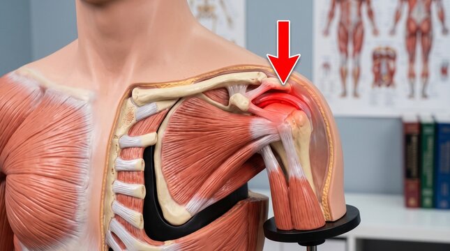 Human shoulder anatomy model showing joint pain with red arrow