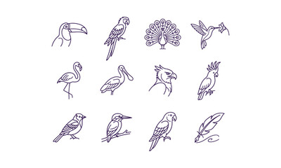 Obraz premium Diverse Avian Collection in Minimalist Outline Vector Style on White Background for Design
