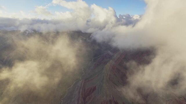 Cloud-covered Hornocal Mountain landscape in Jujuy, Argentina