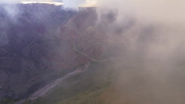 Misty view of Hornocal Mountain in Jujuy, Argentina