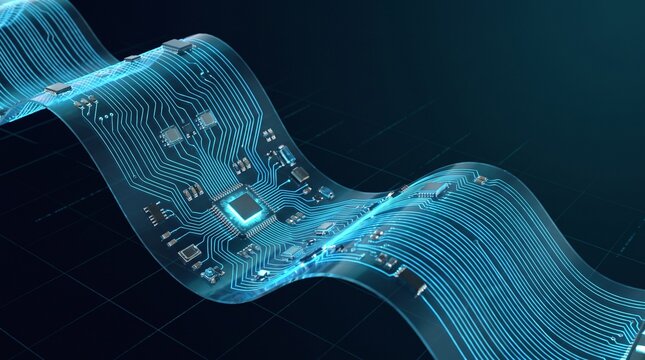Curved flexible transparent circuit board with glowing processor chip