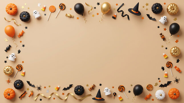 Halloween party border of spooky buttons, beads, and charms on kraft paper background for crafts and decor