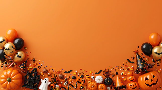 Halloween party table border with pumpkins, bats, and spooky autumn decor for festive celebrations
