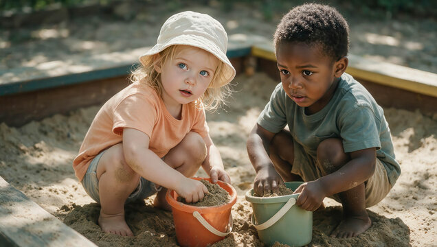 Two children play in a sandbox. One wears a hat, the other bareheaded. They dig with small buckets. Their eyes show curiosity and focus. Soft sunlight glows on the sand