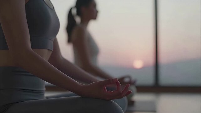 A woman doing zazen meditation, Close-up of hands forming a meditation mudra gesture in a lap with a soft blurred background, 4K, Seamless loop, Copy space on the right