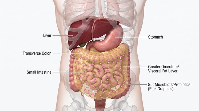 3D human digestive system model with labeled organs and microbiota