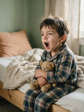Young boy in pajamas sits on bed. He holds teddy bear close with wide eyes. His mouth is open in surprise or delight. Soft light filters through curtains behind him. Warm tones of bedding