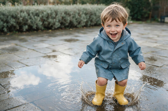 Little boy laughs, splashing puddle with joy. Yellow boots splash water, joyful shout. Wet stone path, green hedge in background. Perfect moment of childhood play and excitement