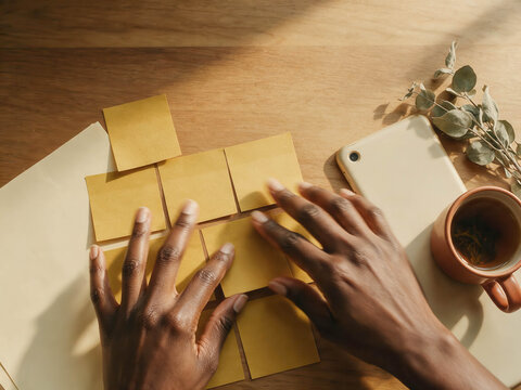 Hands arrange yellow sticky notes on a wooden table. Sunlight glows warmly across the scene. Tablet and tea cup sit nearby, suggesting calm focus. The hands look engaged, thoughtful, and deliberate