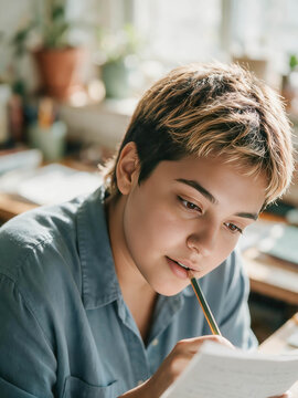 Young person pensively writes with pencil, focused on paper. Soft daylight streams through window, casting gentle glow. Casual blue shirt, short tousled hair, calm, thoughtful expression
