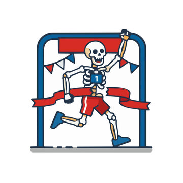 Funny skeleton runner in red shorts crossing the finish line, celebrating a humorous sports victory and race success