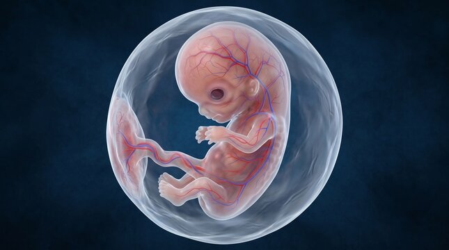 Human Fetus Illustration with Visible Circulatory System in Utero