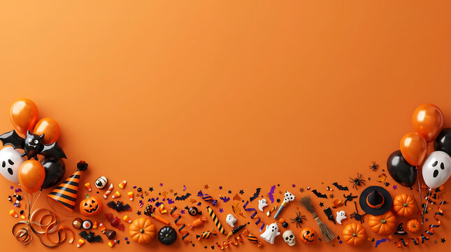 Halloween party border with glowing orange lights and spooky black bats on peach background