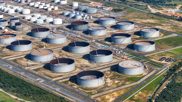 Aerial view of the large oil refinery and industrial manufacturing complex featuring numerous circular storage tanks and pipelines in Sines, Setubal, Portugal.