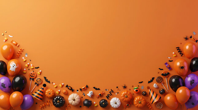 Halloween party border with glowing purple orange pumpkins and spooky black bats on gradient background