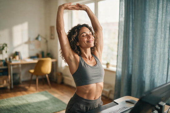 Woman stretches on treadmill, smiling warmly. Natural light floods bright, airy room. She looks healthy, relaxed, energized. Home gym setup invites fitness lifestyles