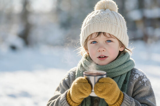 Child bundled warm in snowy forest. Gazing softly at camera, cup of steaming drink held. Gloved hands steady, smiling gently. Sunny day, snowflakes drift around
