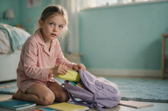 Young girl kneels floor, packing school bag. Soft pink pajamas match her calm, thoughtful expression. Light blue walls frame cozy, tidy bedroom. Books and notebooks rest beside her, ready for school