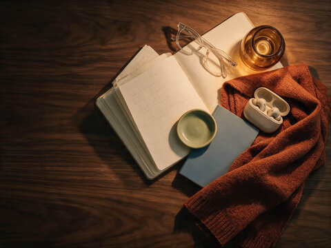 Warm light glows softly over a cozy wooden table. Open notebook rests beside glasses and a candle. Earbuds and a bowl sit nestled in a knitted scarf. Soft tones evoke comfort, quiet reflection