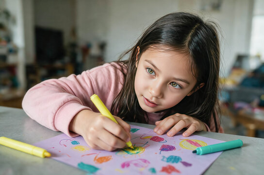 Young girl draws with colorful crayons. Focused eyes show quiet concentration. Soft pink sleeves hug her small arms. Crayon strokes create playful fish shapes. Background hints at cozy, lived-in space