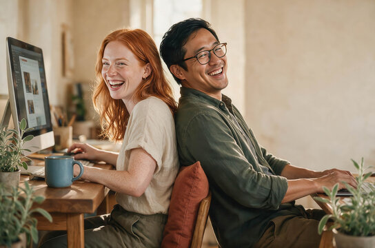 Warm sunlight bathes two smiling colleagues. They sit back-to-back at wooden desks, working together. Caffeine cups and plants add cozy, productive atmosphere. Laughter suggests relaxed teamwork