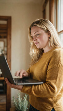 Young woman focused on laptop, indoors. Soft lighting highlights her calm, thoughtful expression. Warm sweater adds cozy, intimate feel to the scene. Ideal for remote work, home study