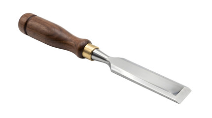 Fototapeta premium Professional wood chisel with walnut handle, sharp steel woodworking tool for carpentry, hand carving chisel on white background