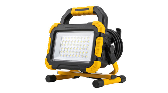 Industrial LED work light with yellow frame, portable construction floodlight on white background, heavy duty site lighting equipment