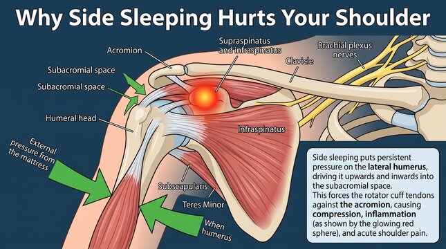Medical diagram showing side sleeping shoulder pain and anatomy