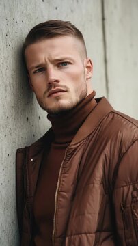 Portrait of a man with a beard in a brown quilted jacket leaning against a concrete wall