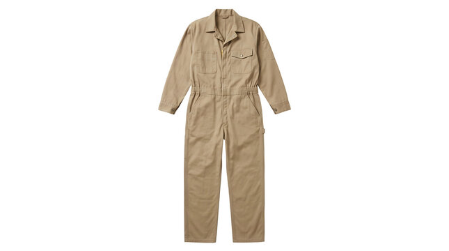 Tan cotton boiler suit on white background, khaki workwear coveralls for industrial safety, durable beige utility jumpsuit for mechanics
