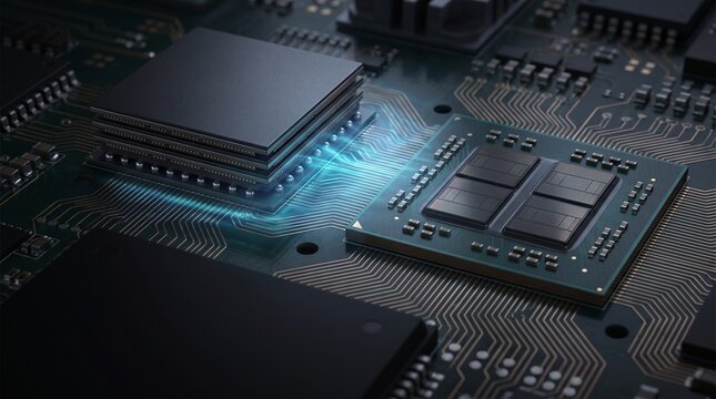 Stacked semiconductor memory chip connected to processor on board