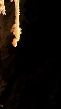 Stalactites hanging from the ceiling in a dark underground cave