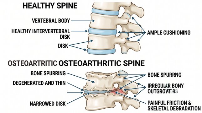 Anatomy diagram of healthy spine versus osteoarthritic spine condition