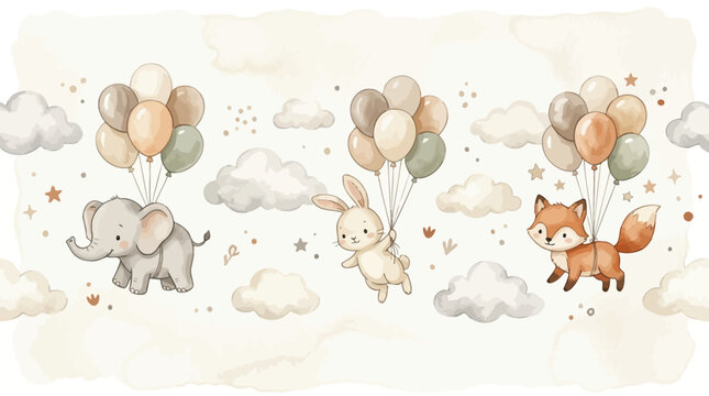 Baby animals flying with balloons watercolor illustration.