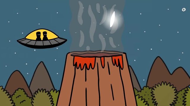 Cartoon UFO Flying Near an Erupting Volcano with Alien Figures