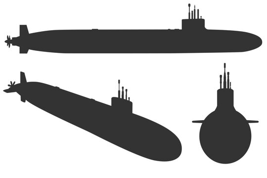 Ohio class submarine silhouette pack from three viewing angles. Black and white vector illustration of a large American ballistic missile submarine with clean geometric naval design.