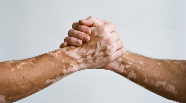 Two men with vitiligo clasping hands in unity