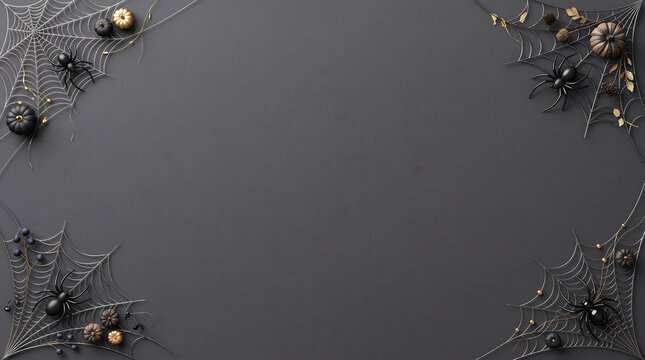 Close-up of realistic Halloween spider web with dew drops in dark corner setting
