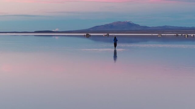 Solitary traveler on Salar de Uyuni salt flat, Bolivia