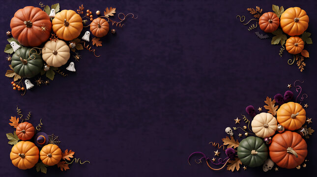 Autumn pumpkin border frame on dark purple background for Thanksgiving or Halloween design