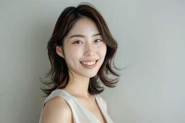 Fototapeta premium An Asian woman with radiant, hydrated skin creates a clean and elegant skincare visual ideal for beauty, wellness, and cosmetic branding.