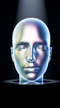 Futuristic metallic head emerging in spotlight with iridescent glow and dark background