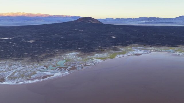 Aerial volcanic landscape and salt lake in La Puna, Argentina