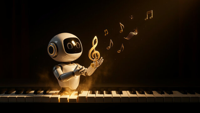 Cute robot holding treble clef above piano keys with flowing musical notes in dramatic lighting