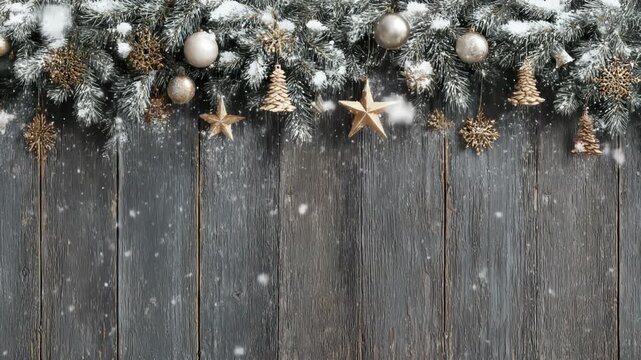 Falling snow on rustic wooden background with festive pine garland