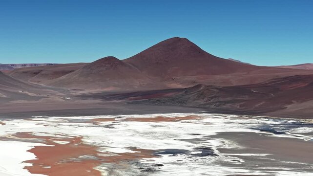 Aerial Salt lagoon beneath volcanic peaks in Atacama