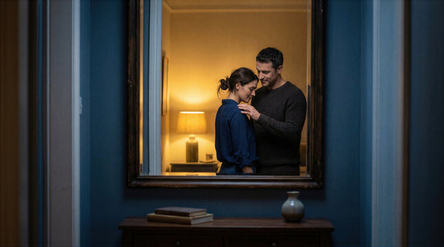 Couple comforts each other beside a large window