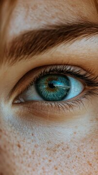 Extreme Close-up of Human Eye with Blue Iris and Freckles
