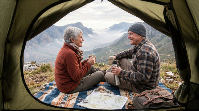 Older couple shares a picnic inside a mountain tent